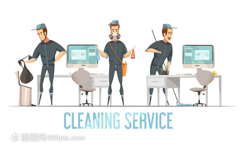 清洁服务c清洁服务理念与男统清除废物清洁消场所平矢量插图